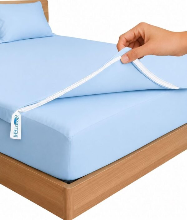 Sky Blue Zipper Fitted Sheet – Sleep Tight 600 Thread Count Cotton