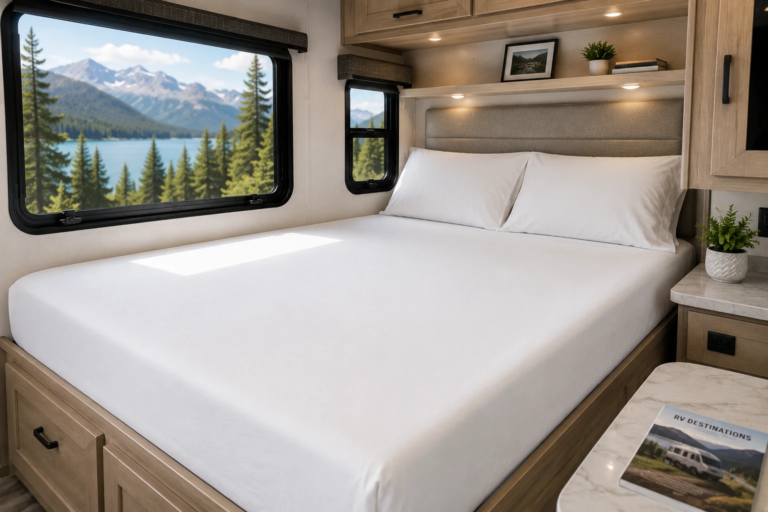 RV bedroom with a Sleep Tight zipper fitted sheet, overlooking a mountain lake through the window