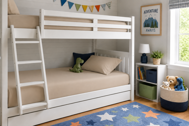 Beige Sleep Tight zipper fitted sheet made up on a white bunk bed in a kids' room
