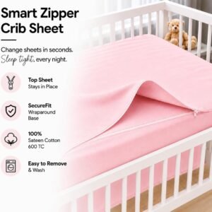 Baby Pink Zipper Crib Sheet – Sleep Tight Soft Breathable Cotton
