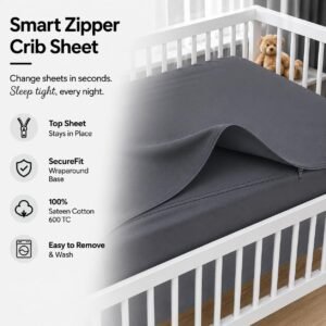 Dark Grey Zipper Crib Sheet – Sleep Tight Soft Breathable Cotton