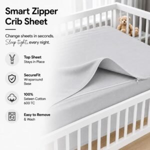 Light Gray Zipper Crib Sheet – Sleep Tight Soft Breathable Cotton