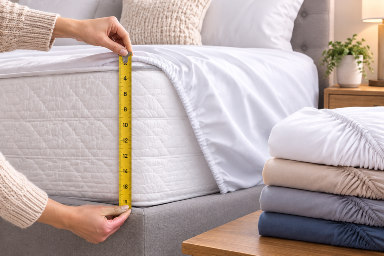 Measuring mattress depth with a tape measure next to a stack of folded Sleep Tight sheets