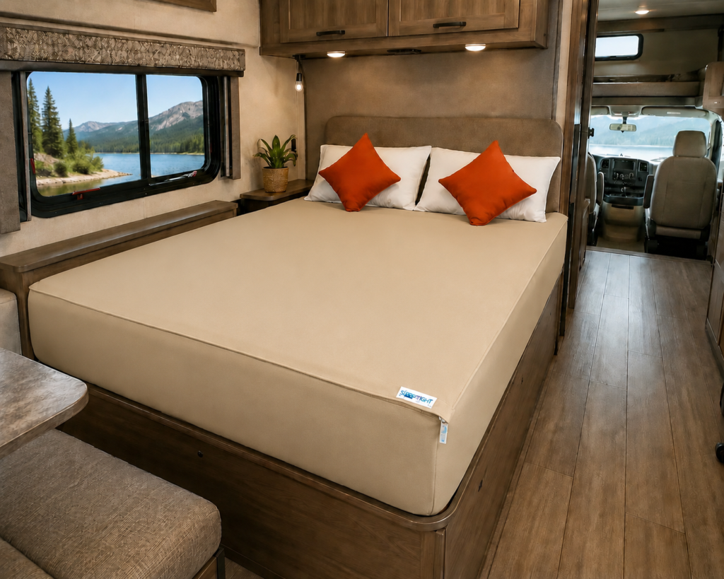 Beige Sleep Tight zipper fitted sheet made up on an RV bed, with a mountain lake visible through the window