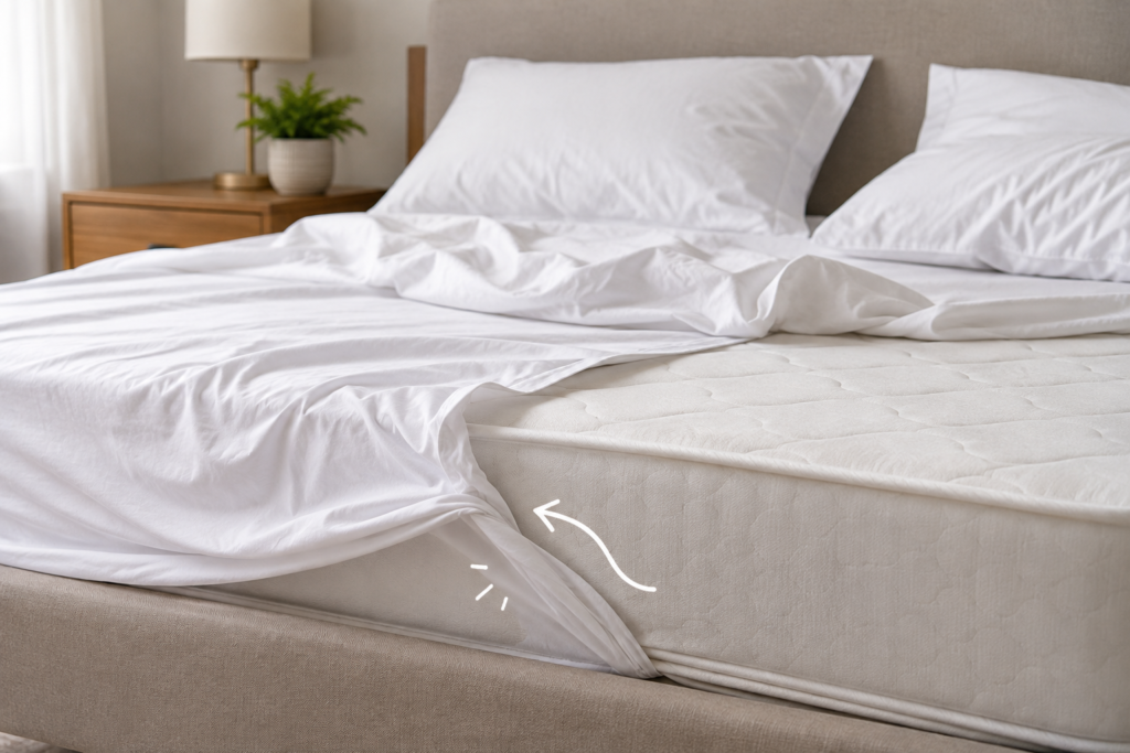 Fitted sheet corner pulling loose off a mattress, showing where the elastic has slipped