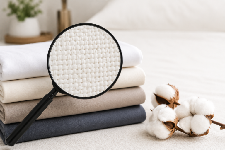 Magnifying glass showing the woven thread detail of folded cotton sheets, next to raw cotton