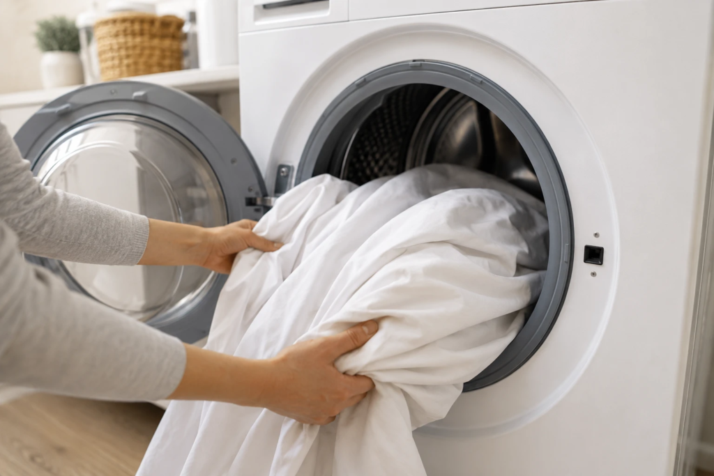 Hands loading a white Sleep Tight zipper fitted sheet into a front-load washing machine