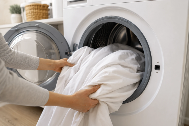 Hands loading a white Sleep Tight zipper fitted sheet into a front-load washing machine